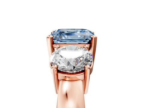 Rose gold Three-Stone Fancy Blue Asscher Cut Diamond Ring with Round Side Stones, Classic Band, and Four-Prong Setting_17