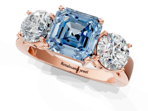 Rose gold Three-Stone Fancy Blue Asscher Cut Diamond Ring with Round Side Stones, Classic Band, and Four-Prong Setting_1
