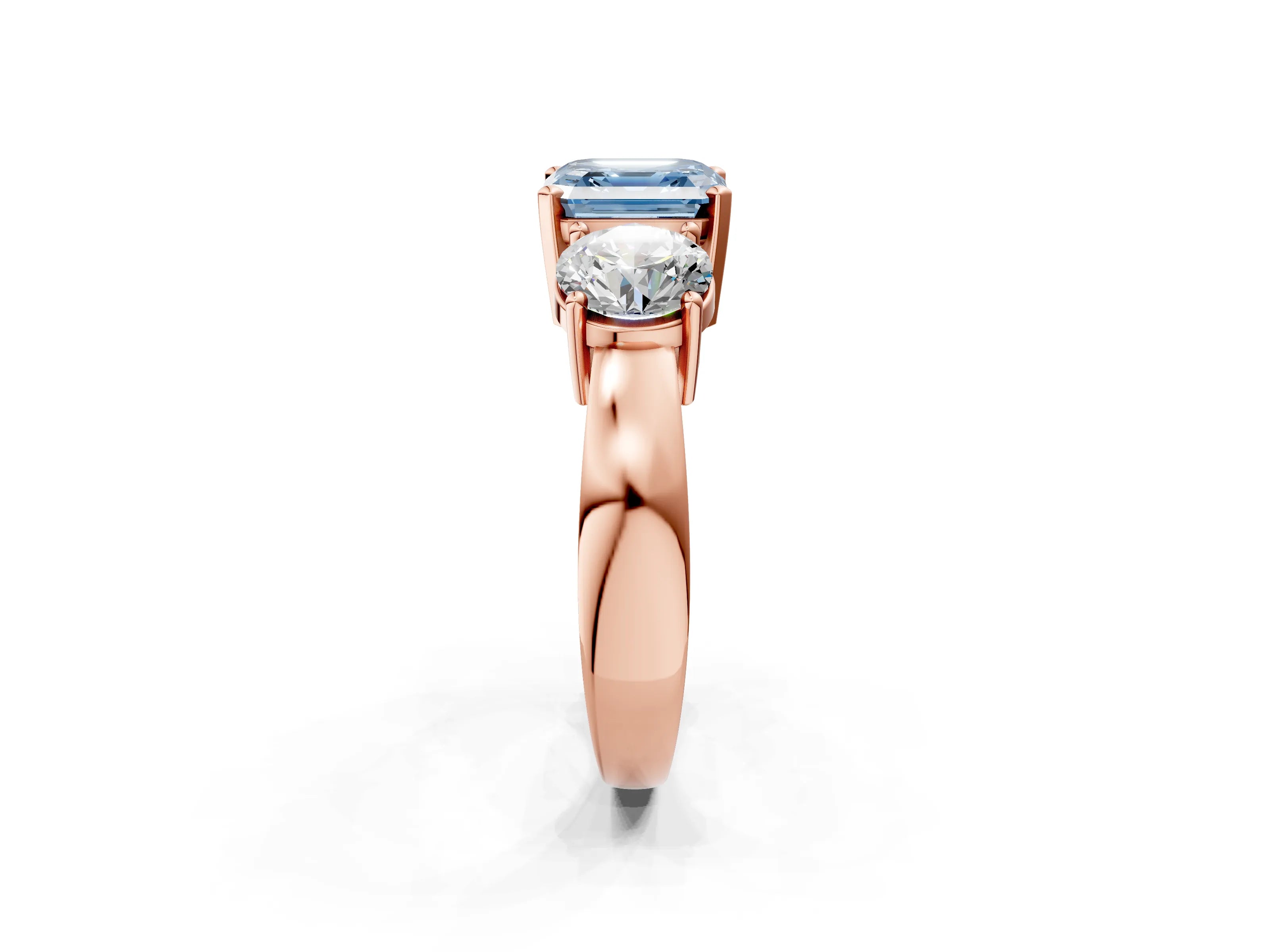 Rose gold Three-Stone Fancy Blue Asscher Cut Diamond Ring with Round Side Stones, Classic Band, and Four-Prong Setting_2