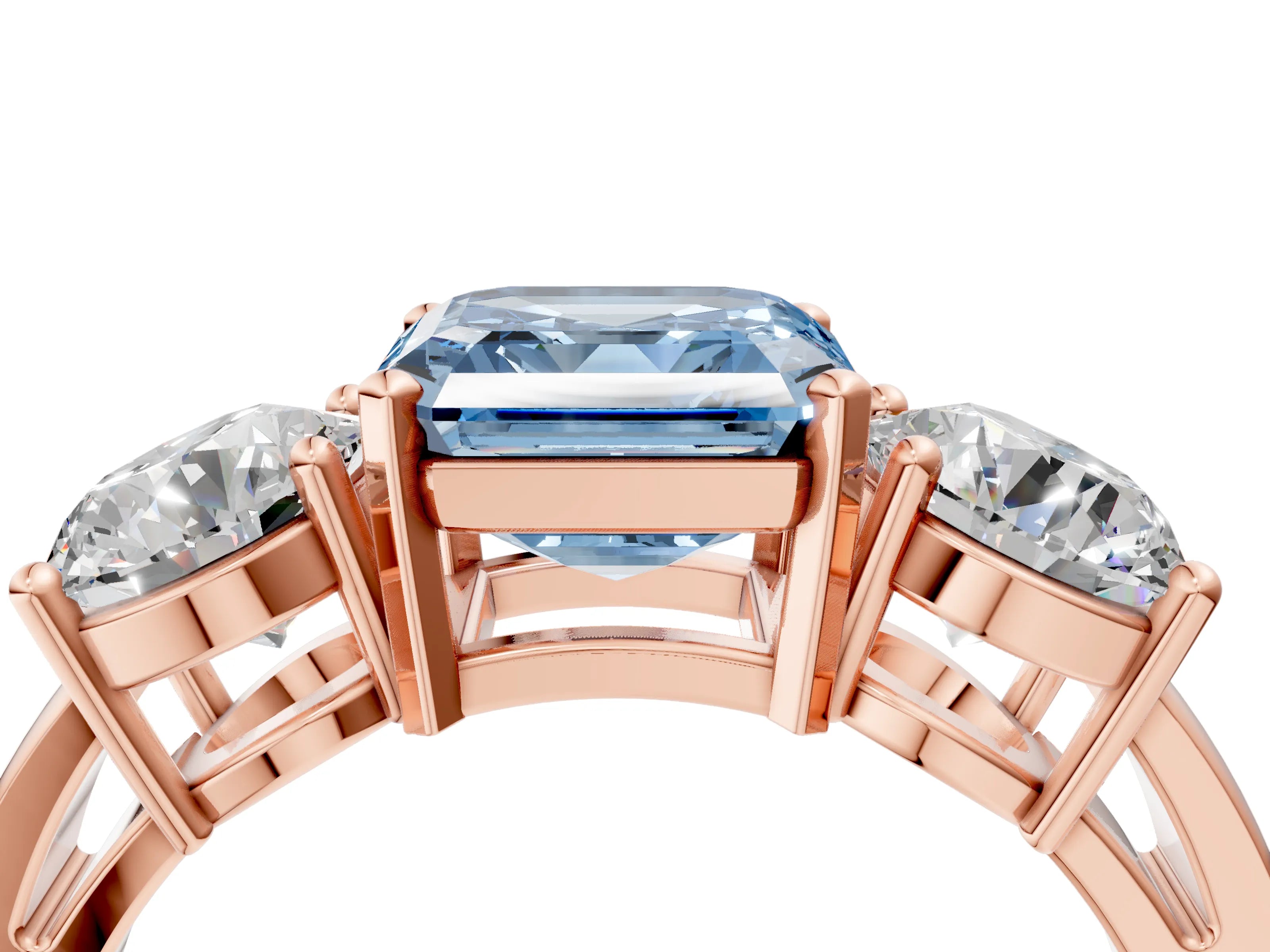Rose gold Three-Stone Fancy Blue Asscher Cut Diamond Ring with Round Side Stones, Classic Band, and Four-Prong Setting_4