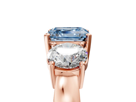 Rose gold Three-Stone Fancy Blue Asscher Cut Diamond Ring with Round Side Stones, Classic Band, and Four-Prong Setting_5