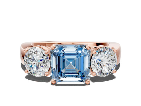 Rose gold Three-Stone Fancy Blue Asscher Cut Diamond Ring with Round Side Stones, Classic Band, and Four-Prong Setting
