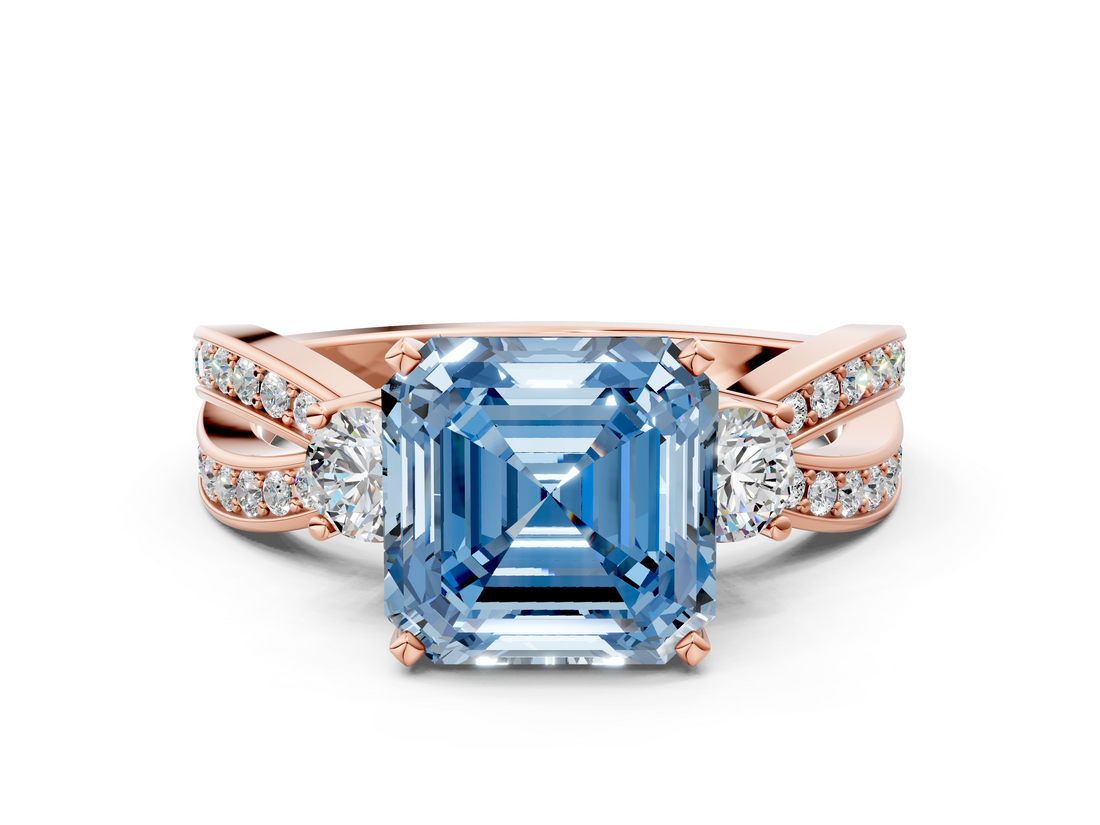 Rose gold Three-Stone Fancy Blue Asscher  Cut Diamond Twist Band with Prong Setting_16