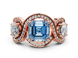 Rose gold Three-Stone Fancy Blue Asscher Cut Diamond Wave Pave Band with Prong Setting