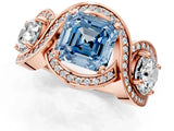 Rose gold Three-Stone Fancy Blue Asscher Cut Diamond Wave Pave Band with Prong Setting_1