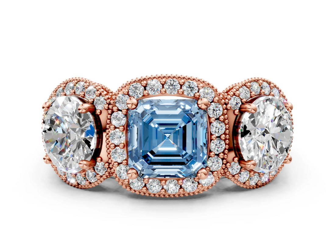 Rose gold Three-Stone Fancy Blue Asscher Cut Halo Diamond Milgrain Band with Four-Prong Setting