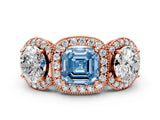Rose gold Three-Stone Fancy Blue Asscher Cut Halo Diamond Milgrain Band with Four-Prong Setting