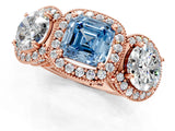Rose gold Three-Stone Fancy Blue Asscher Cut Halo Diamond Milgrain Band with Four-Prong Setting_1