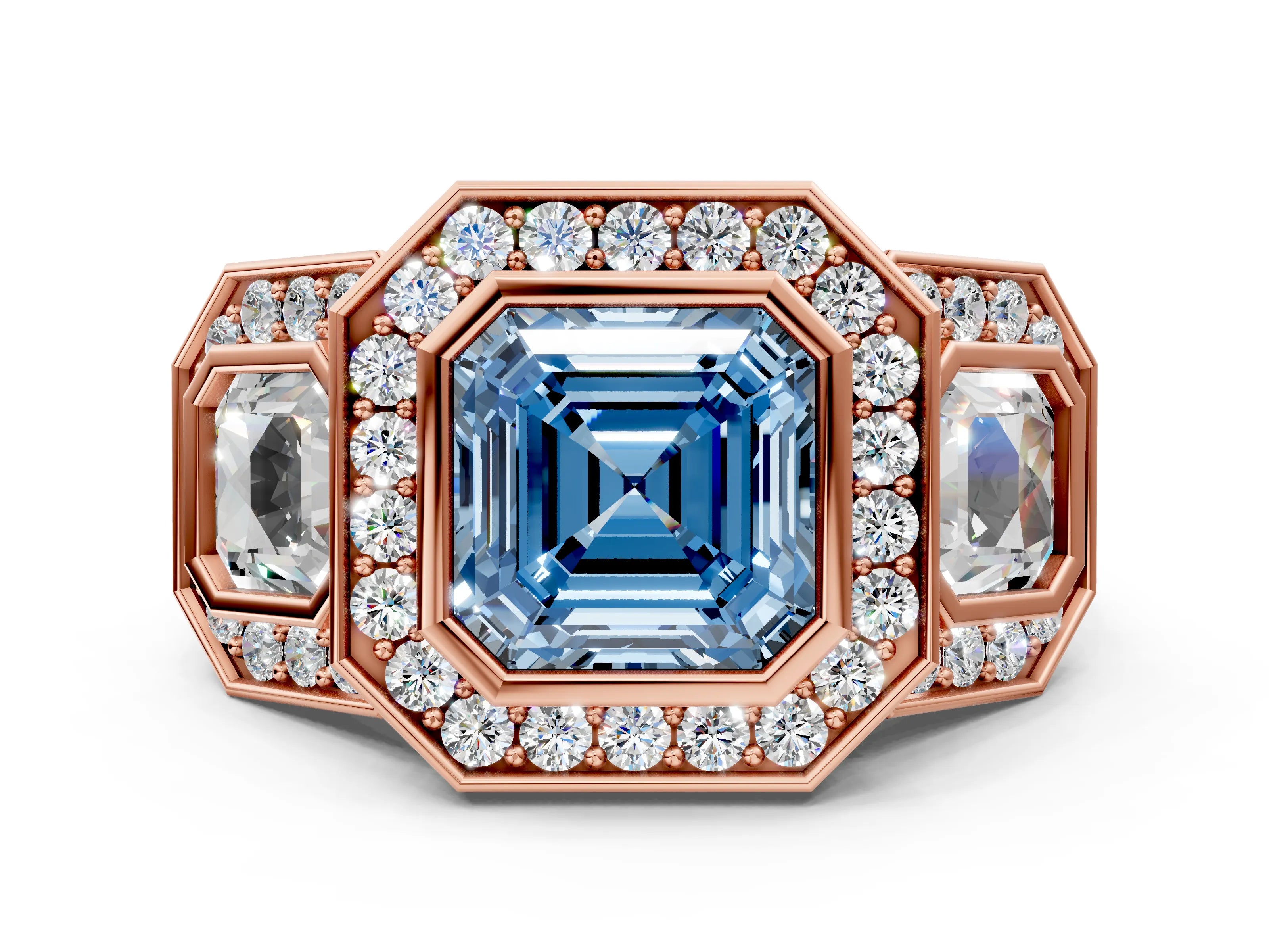 Rose gold Three-Stone Fancy Blue Asscher Cut Halo Pavé Diamond Ring_12