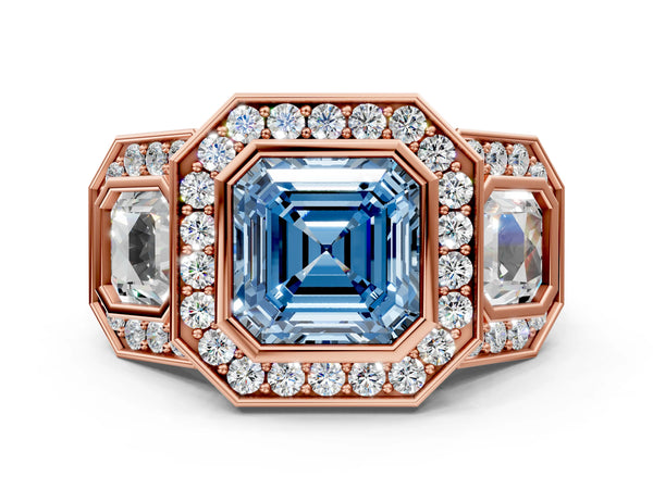 Rose gold Three-Stone Fancy Blue Asscher Cut Halo Pavé Diamond Ring