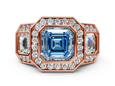 Rose gold Three-Stone Fancy Blue Asscher Cut Halo Pavé Diamond Ring_12