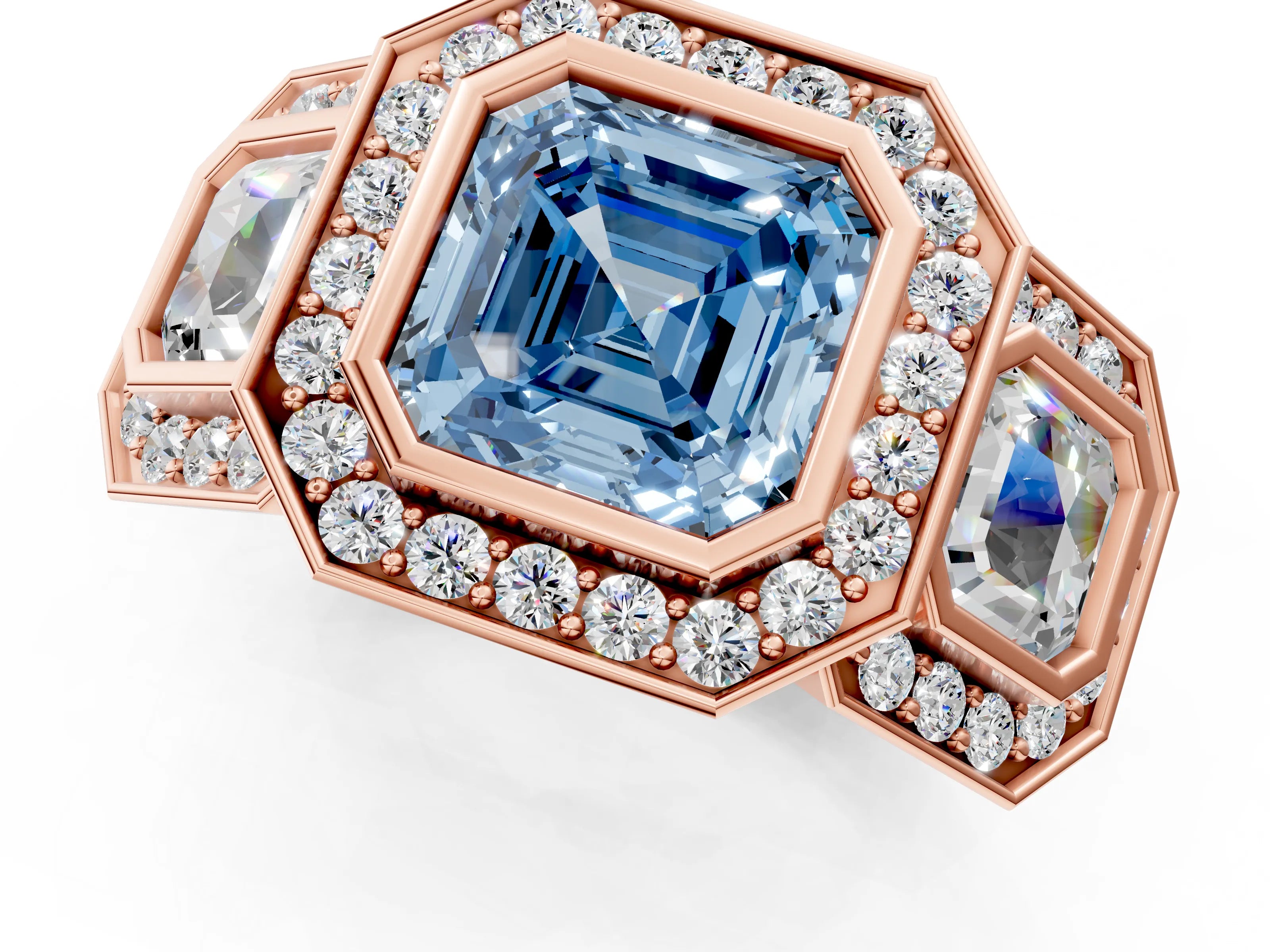 Rose gold Three-Stone Fancy Blue Asscher Cut Halo Pavé Diamond Ring_13