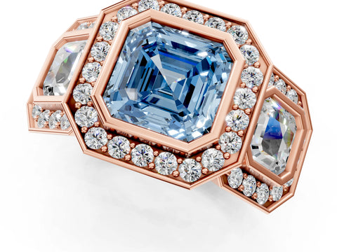Rose gold Three-Stone Fancy Blue Asscher Cut Halo Pavé Diamond Ring_13