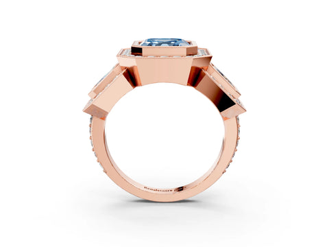 Rose gold Three-Stone Fancy Blue Asscher Cut Halo Pavé Diamond Ring_15