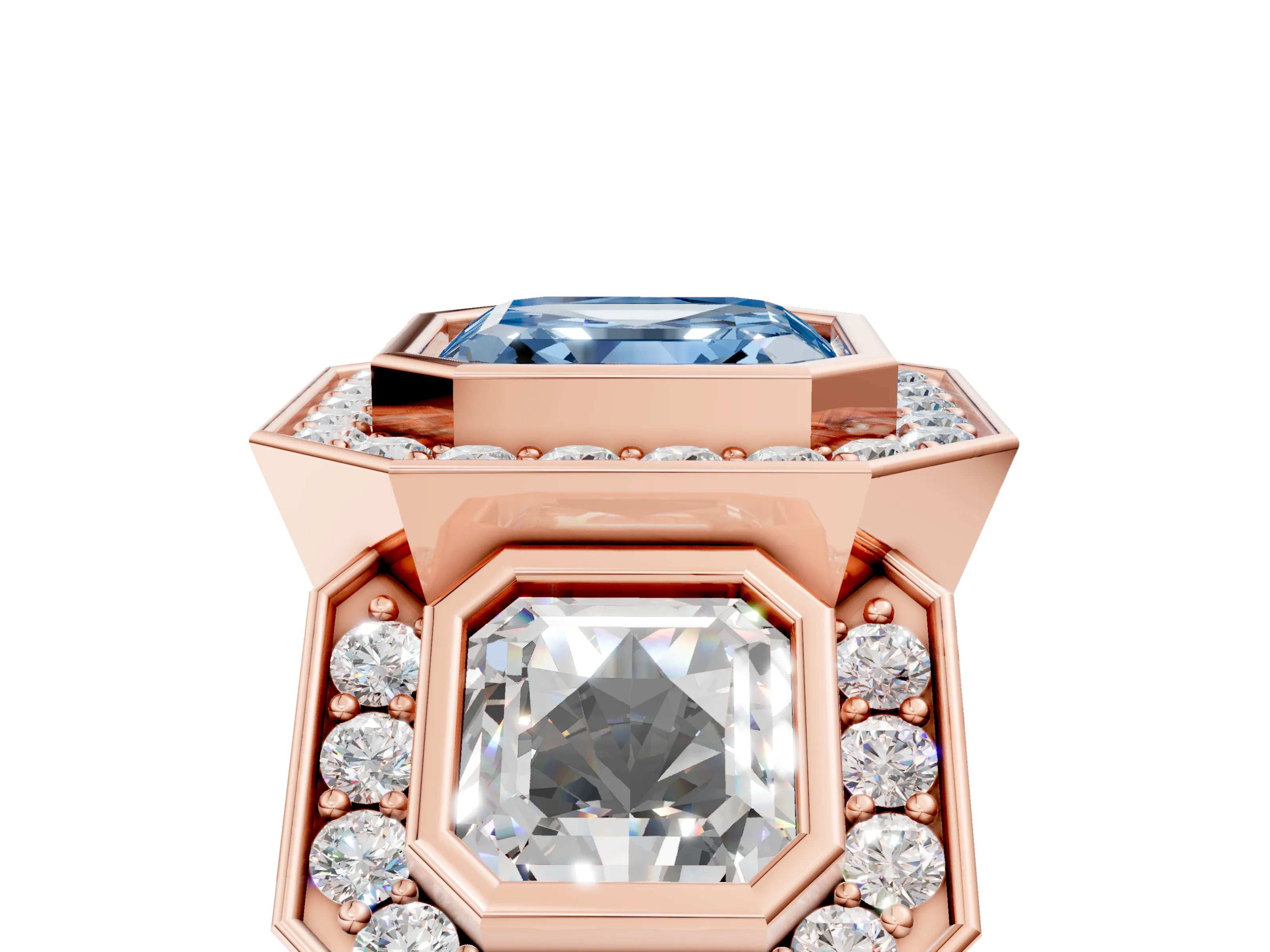 Rose gold Three-Stone Fancy Blue Asscher Cut Halo Pavé Diamond Ring_17