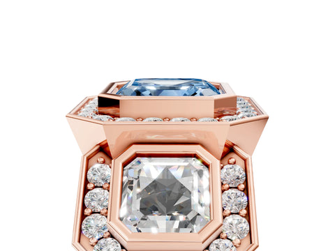 Rose gold Three-Stone Fancy Blue Asscher Cut Halo Pavé Diamond Ring_17