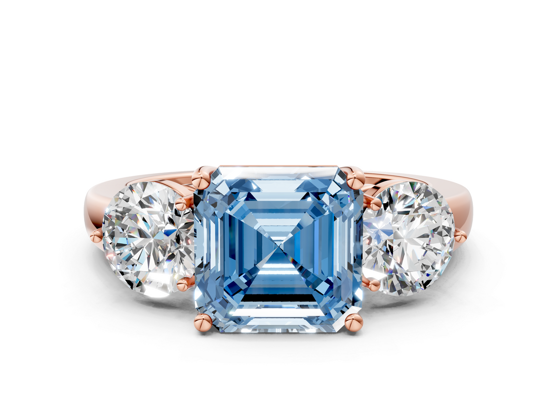 Rose gold Three-Stone Fancy Blue Asscher  Cut Solitaire Ring with Prong Setting on a Classic Band_35