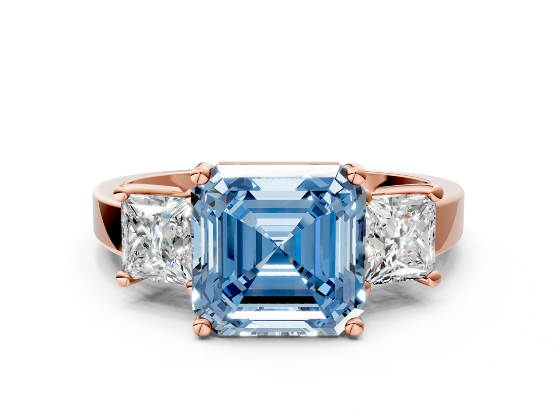 Rose gold Three-Stone Fancy Blue Asscher  Cut Solitaire Ring with Prong Setting_3