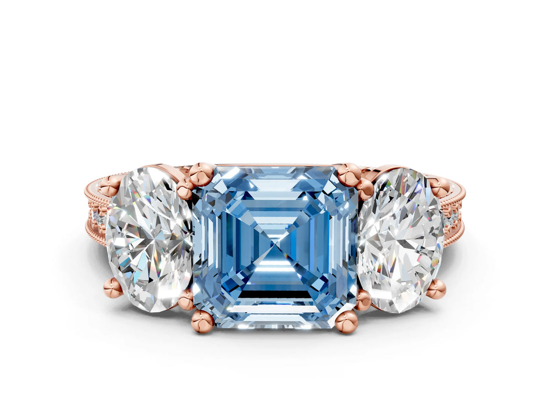 Rose gold Three-Stone Fancy Blue Asscher  Diamond Milgrain Pave Band with Prong Setting 1