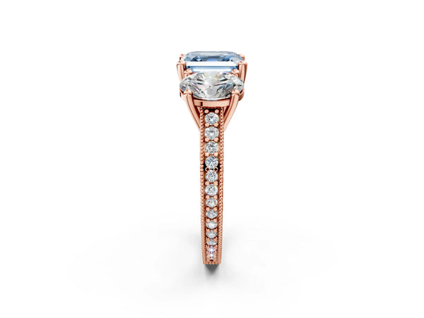 Rose Gold Asscher Cut Three-Stone Engagement Ring Setting for Fancy Blue Center with Pave Band