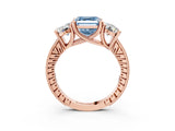 Rose gold Three-Stone Fancy Blue Asscher  Diamond Milgrain Pave Band with Prong Setting 4