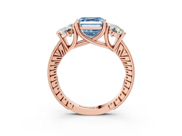Rose Gold Asscher Cut Three-Stone Engagement Ring Setting for Fancy Blue Center with Pave Band