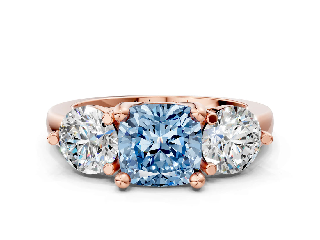 Rose gold Three-Stone Fancy Blue Cushion  Brilliant Cut Solitaire Ring with Prong Setting on a Classic Band