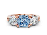 Rose gold Three-Stone Fancy Blue Cushion  Brilliant Cut Solitaire Ring with Prong Setting on a Classic Band