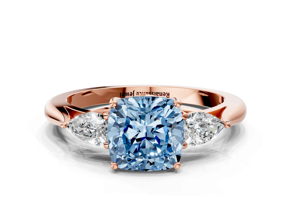 Rose gold Three-Stone Fancy Blue Cushion Cut Brilliant Diamond Solitaire Ring with Tapered Band and Four-Prong Setting_3