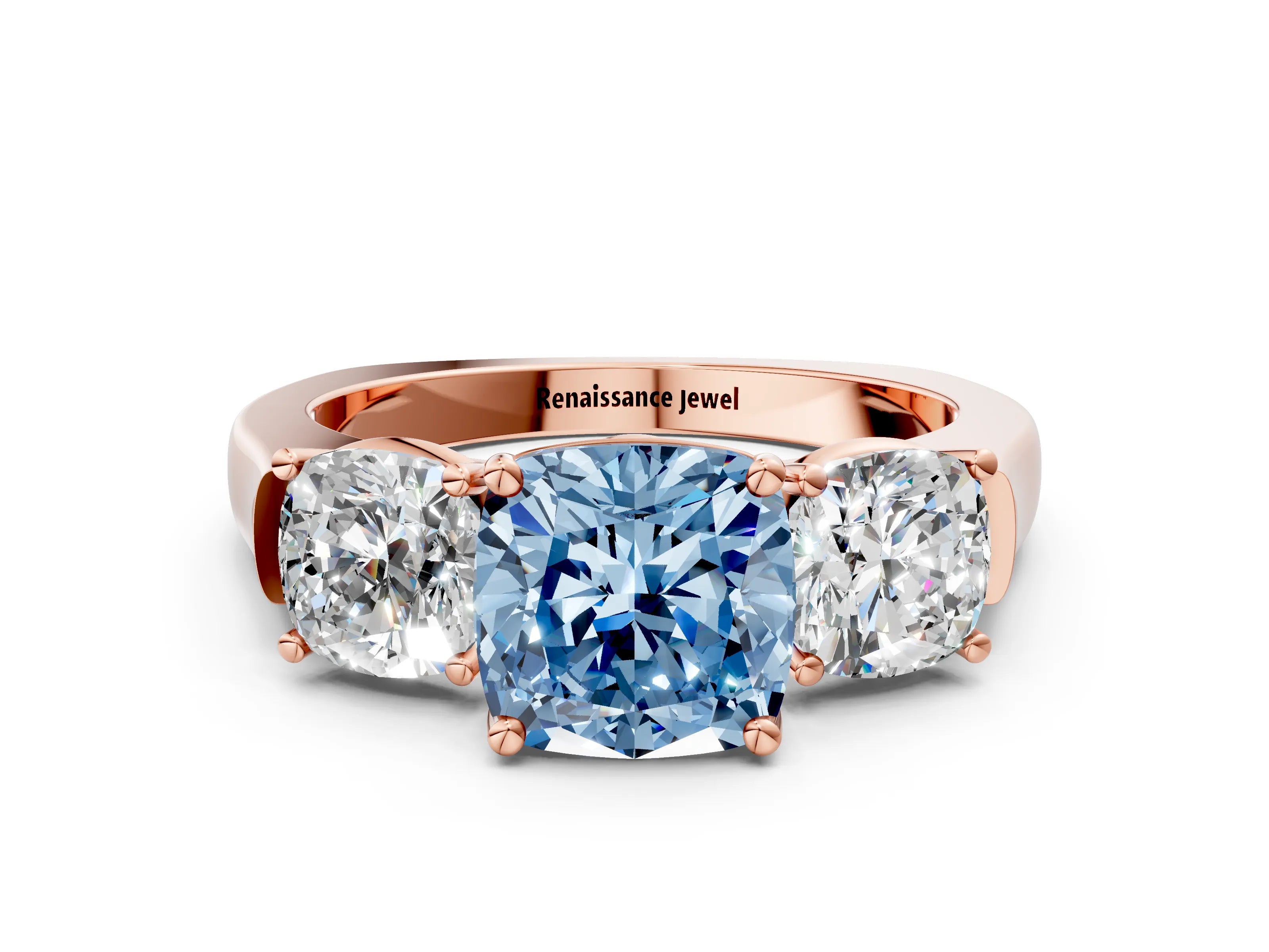 Rose gold Three-Stone Fancy Blue Cushion Cut Brilliant Diamond Trellis Ring with Comfort Fit Band