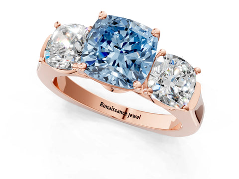 Rose gold Three-Stone Fancy Blue Cushion Cut Brilliant Diamond Trellis Ring with Comfort Fit Band_1