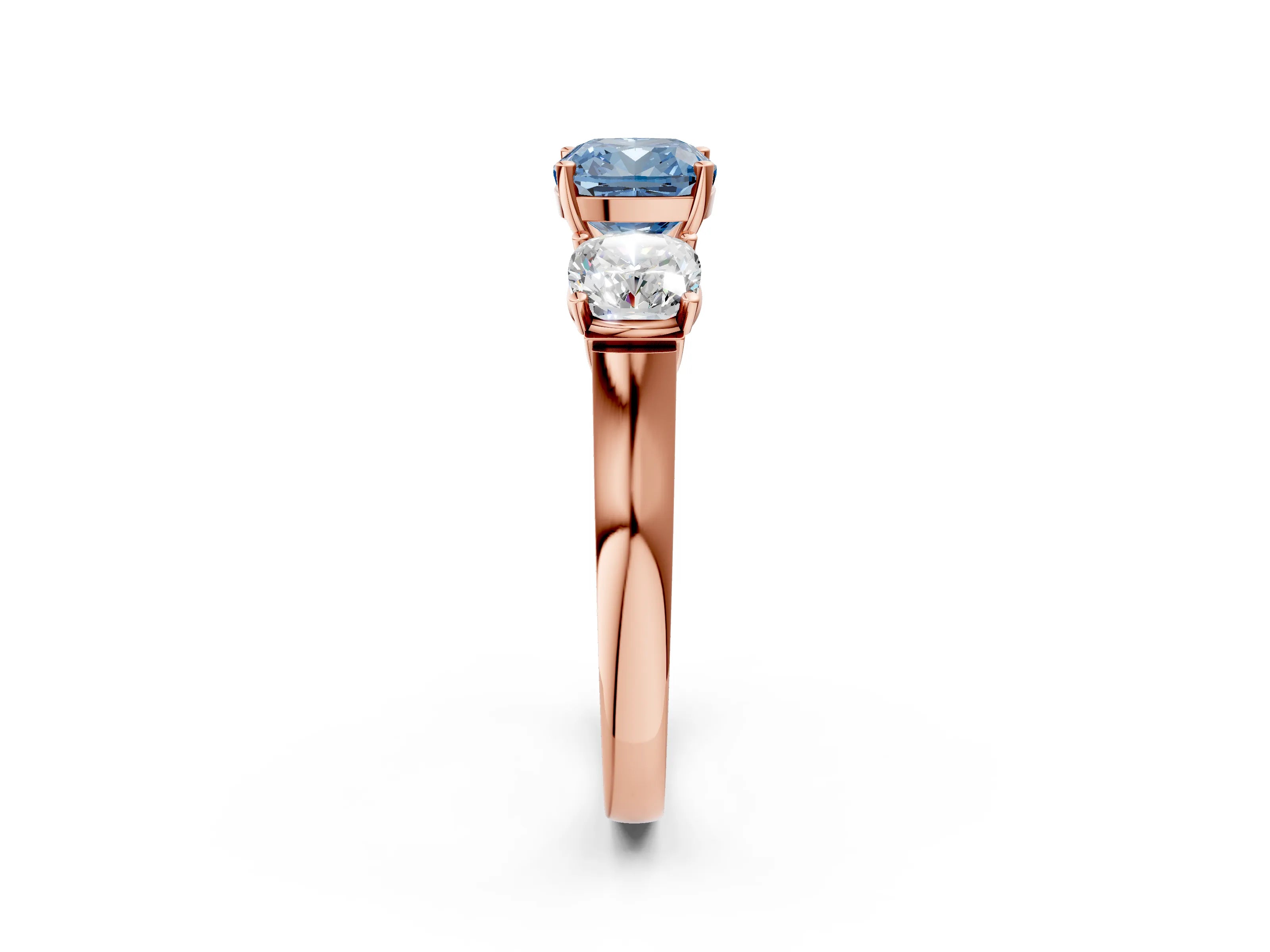 Rose gold Three-Stone Fancy Blue Cushion Cut Brilliant Diamond Trellis Ring with Comfort Fit Band_2