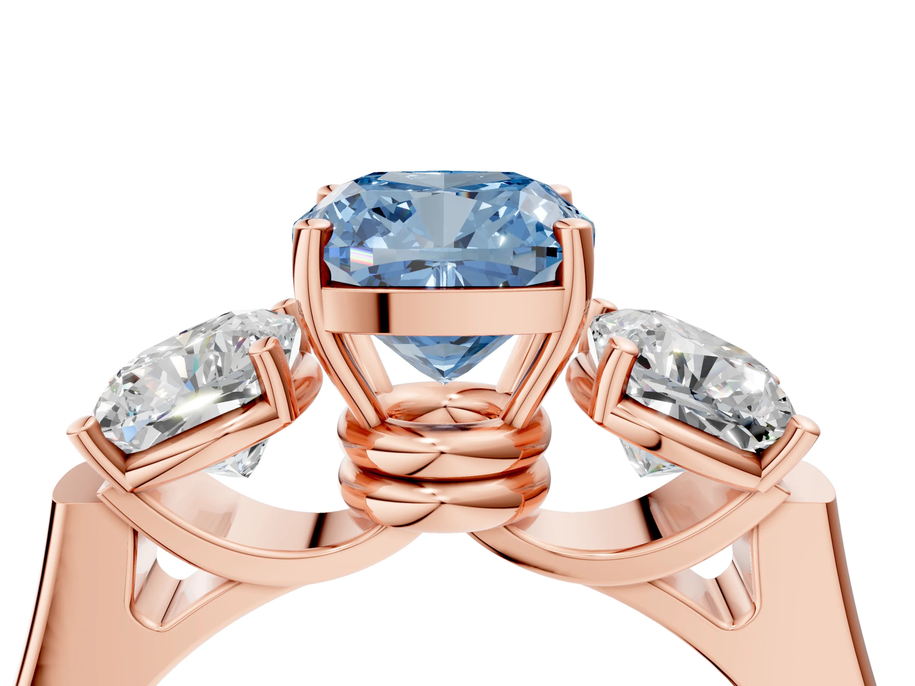 Rose gold Three-Stone Fancy Blue Cushion Cut Brilliant Diamond Trellis Ring with Comfort Fit Band_4