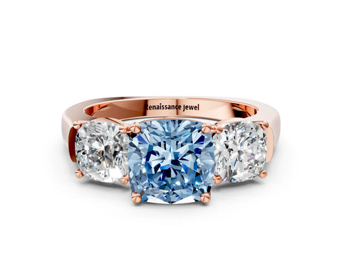 Rose gold Three-Stone Fancy Blue Cushion Cut Brilliant Diamond Trellis Ring with Comfort Fit Band