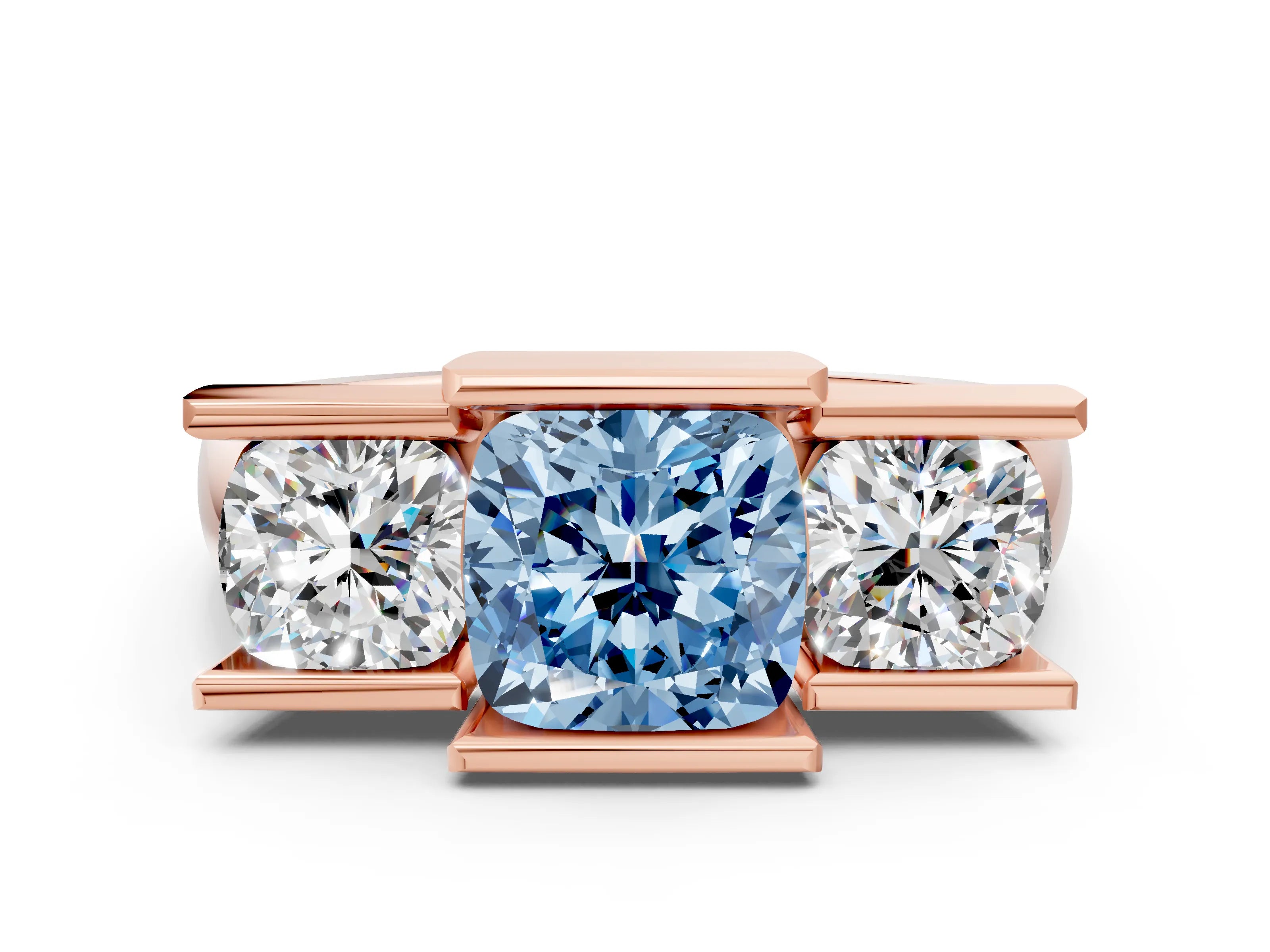 Rose gold Three Stone Fancy Blue Cushion Cut Cut Channel Set Diamond Ring