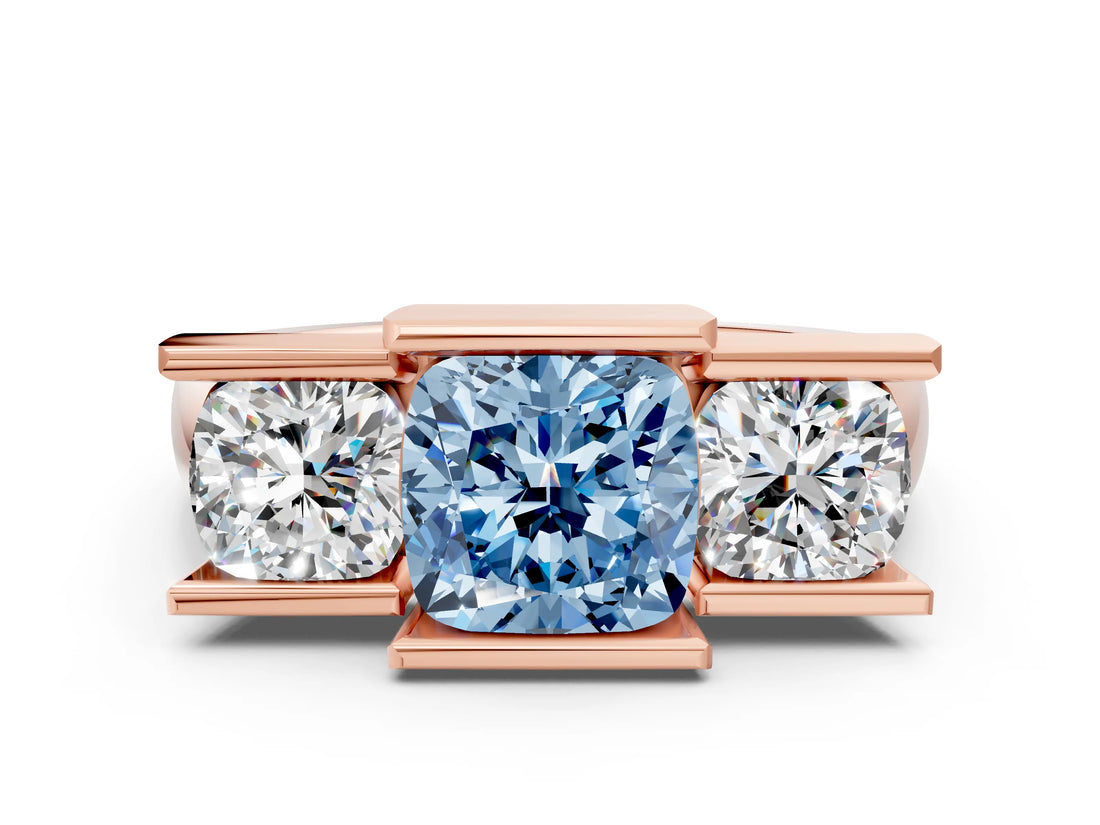 Rose gold Three Stone Fancy Blue Cushion Cut Cut Channel Set Diamond Ring