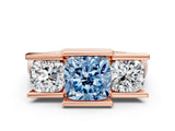 Rose gold Three Stone Fancy Blue Cushion Cut Cut Channel Set Diamond Ring