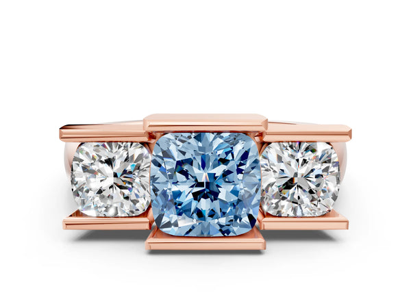 Rose gold Three Stone Fancy Blue Cushion Cut Cut Channel Set Diamond Ring