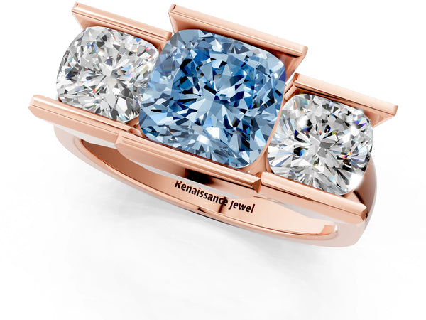 Rose gold Three Stone Fancy Blue Cushion Cut Cut Channel Set Diamond Ring