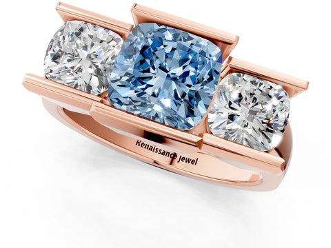 Rose gold Three Stone Fancy Blue Cushion Cut Cut Channel Set Diamond Ring_1