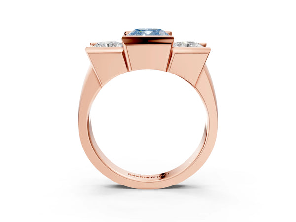 Rose gold Three Stone Fancy Blue Cushion Cut Cut Channel Set Diamond Ring