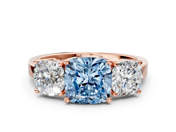 Rose gold Three-Stone Fancy Blue Cushion Cut Cut Diamond Engagement Ring with Flat Band and Four-Prong Setting