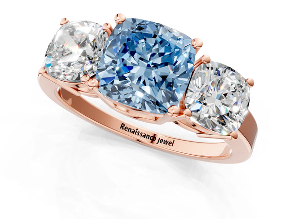 Rose gold Three-Stone Fancy Blue Cushion Cut Cut Diamond Engagement Ring with Flat Band and Four-Prong Setting