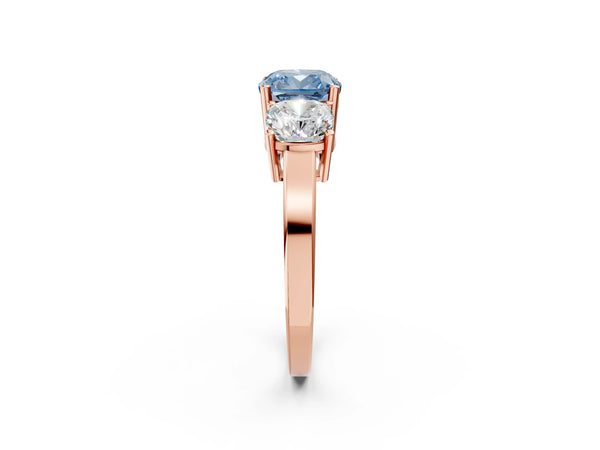 Rose gold Three-Stone Fancy Blue Cushion Cut Cut Diamond Engagement Ring with Flat Band and Four-Prong Setting