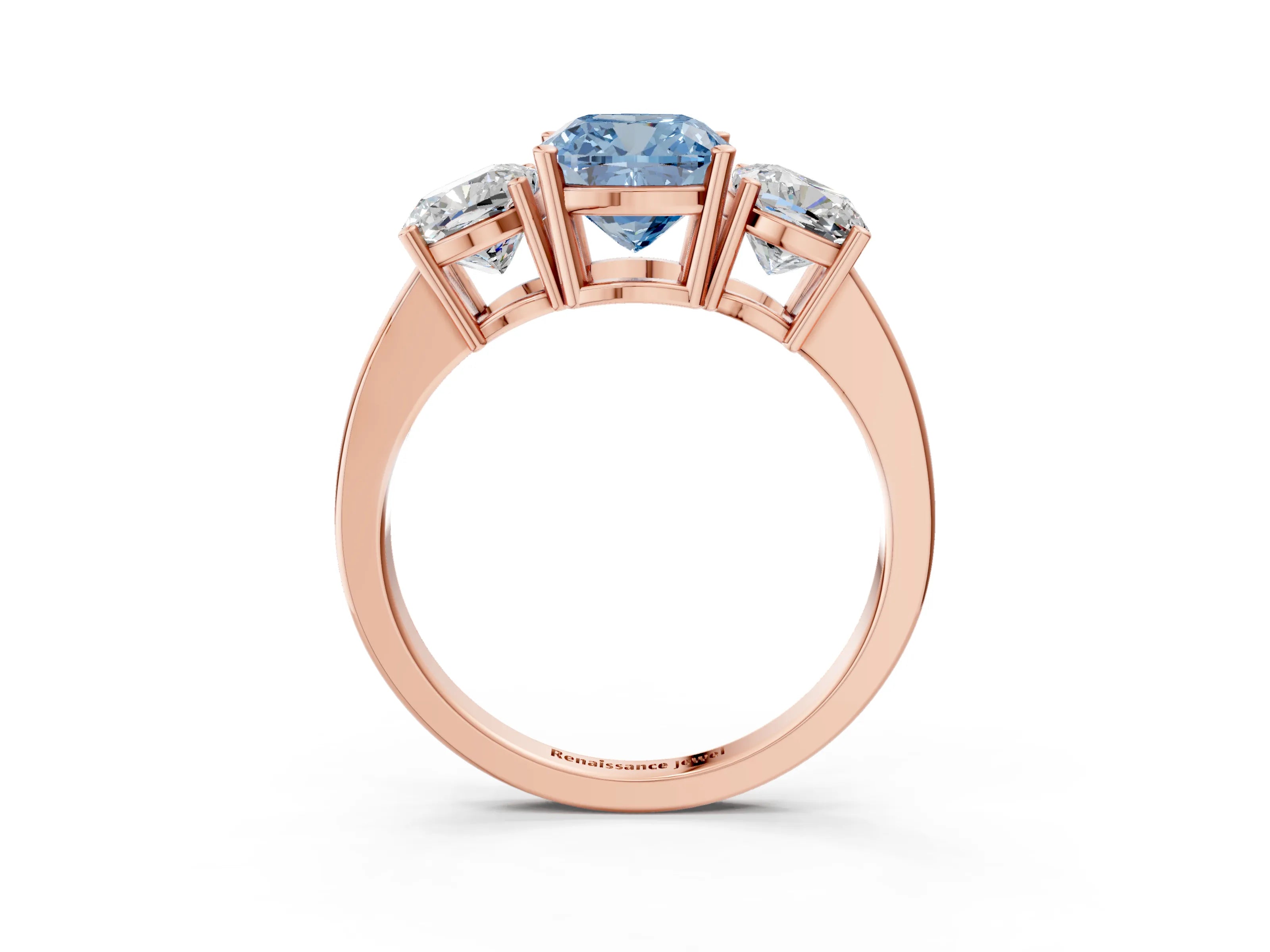 Rose gold Three-Stone Fancy Blue Cushion Cut Cut Diamond Engagement Ring with Flat Band and Four-Prong Setting_15