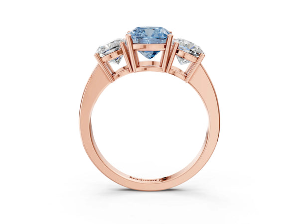 Rose gold Three-Stone Fancy Blue Cushion Cut Cut Diamond Engagement Ring with Flat Band and Four-Prong Setting