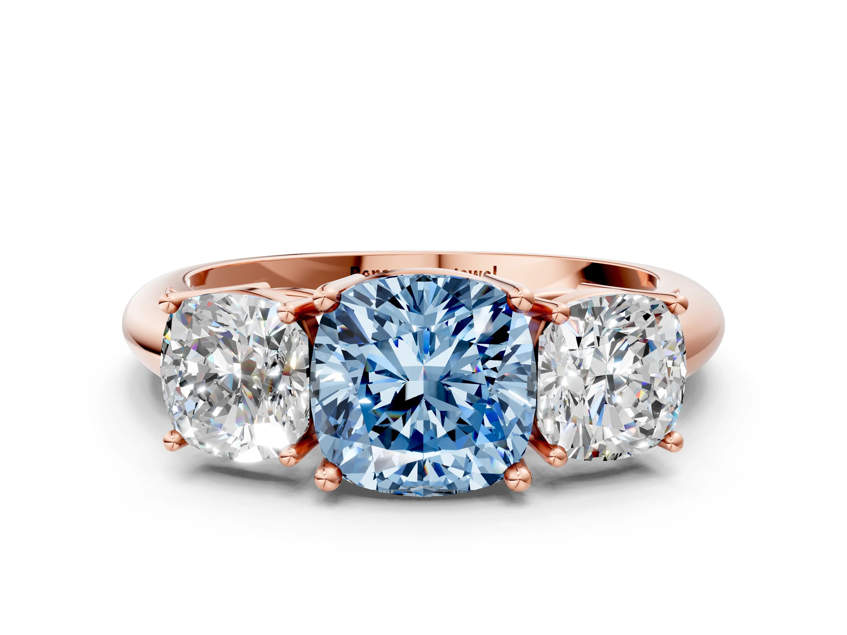 Rose gold Three-Stone Fancy Blue Cushion Cut Cut Diamond Engagement Ring with Prong Setting on a White Gold Band
