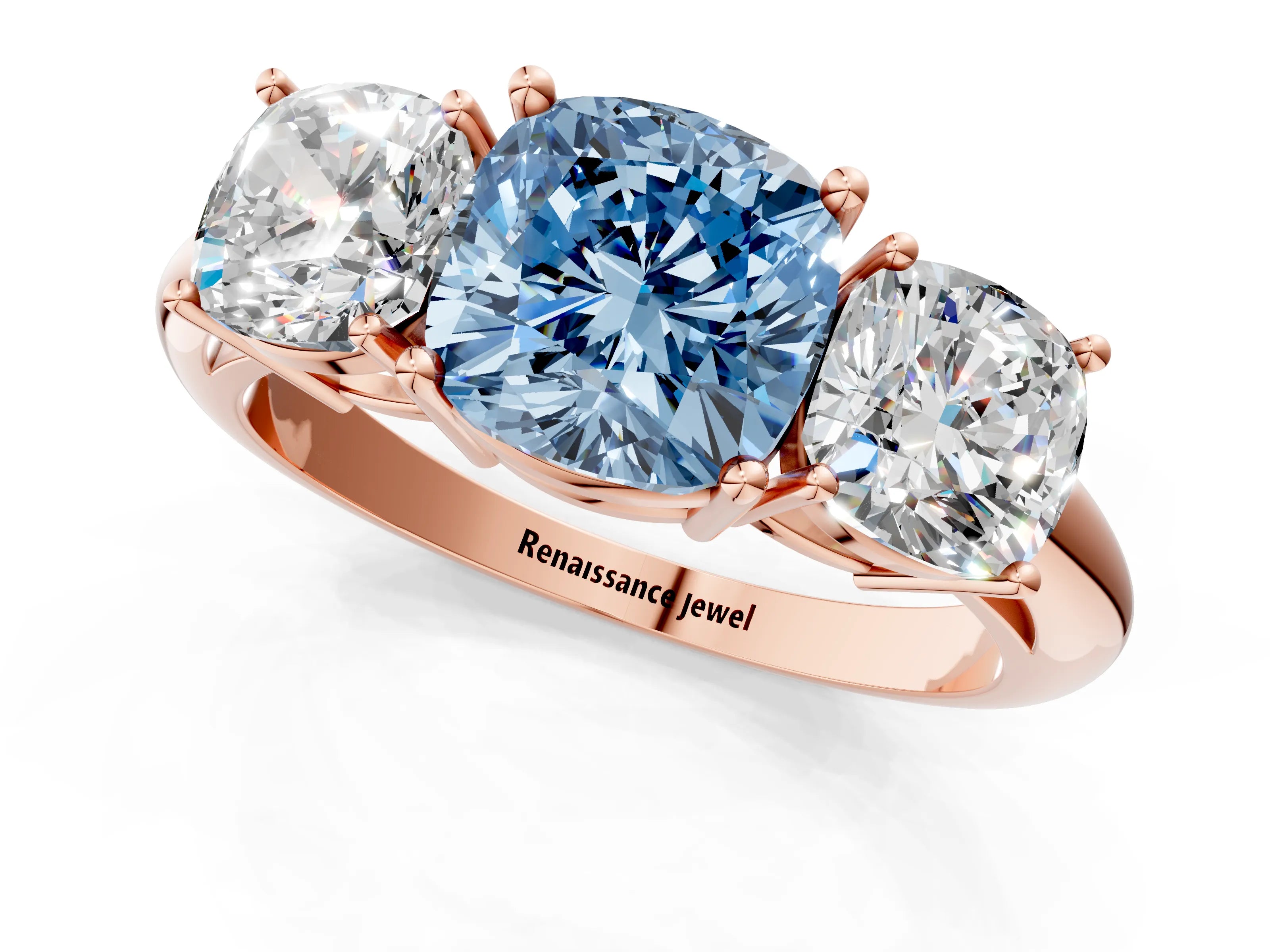 Rose gold Three-Stone Fancy Blue Cushion Cut Cut Diamond Engagement Ring with Prong Setting on a White Gold Band_1