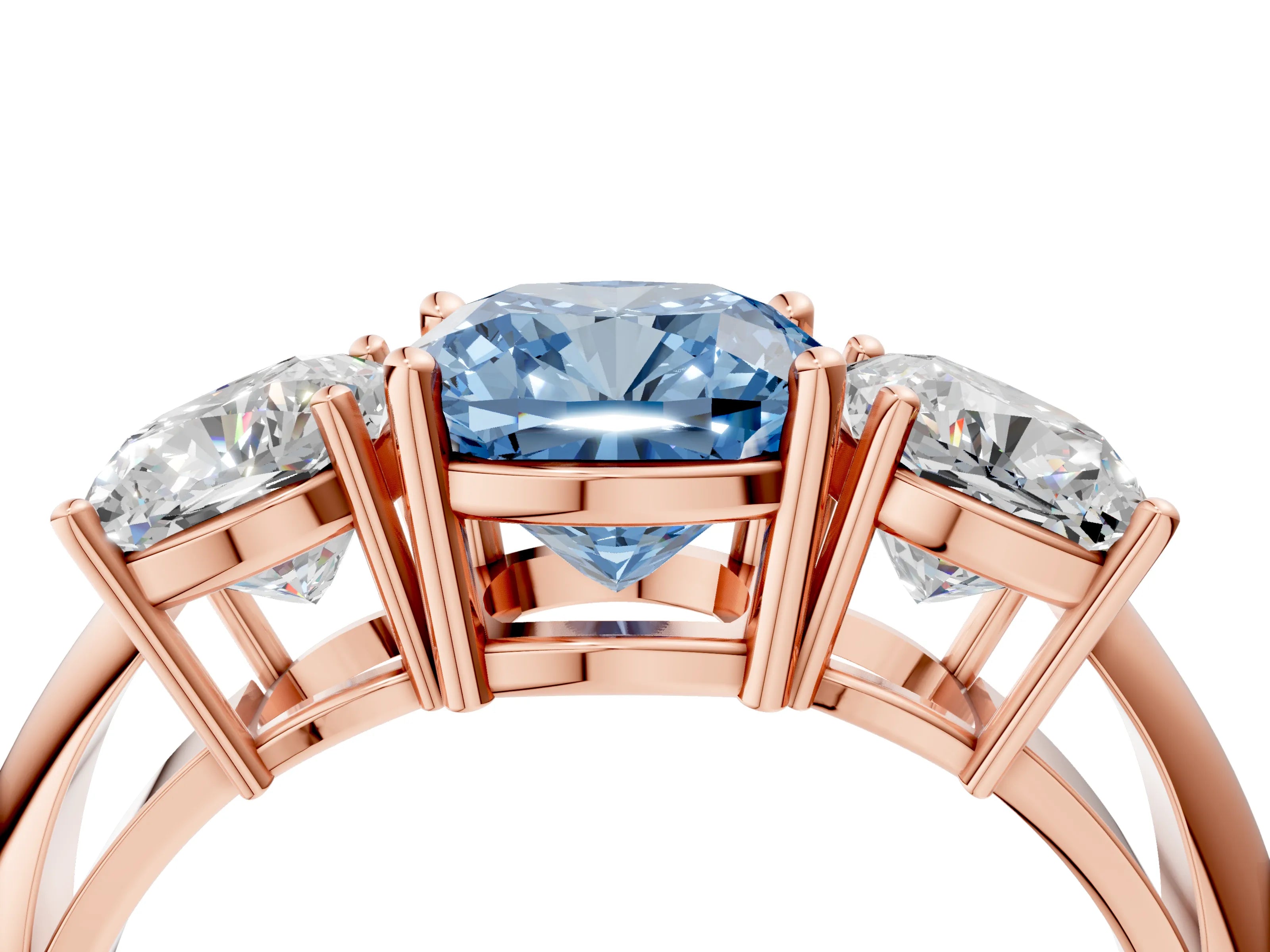 Rose gold Three-Stone Fancy Blue Cushion Cut Cut Diamond Engagement Ring with Prong Setting on a White Gold Band_4