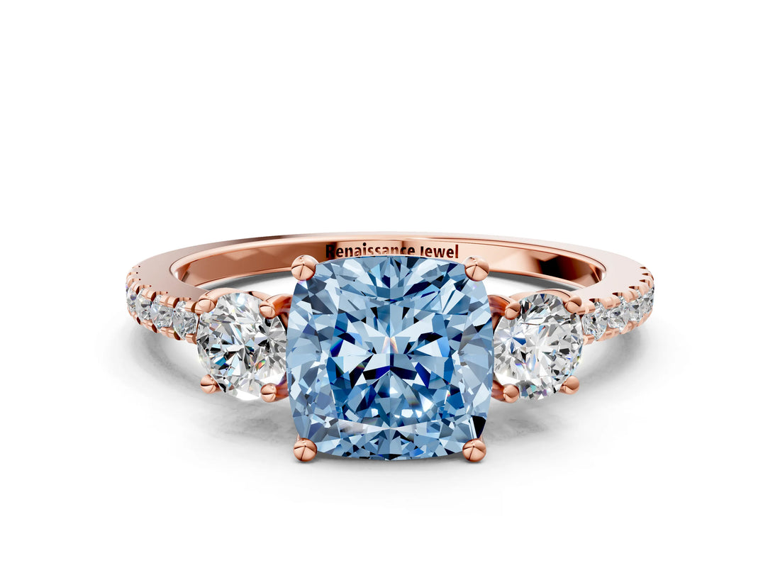Rose gold Three-Stone Fancy Blue Cushion Cut Cut Diamond Pavé Band with Prong Setting_15